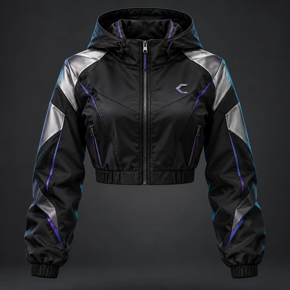 Prism Cropped Jacket, Black / Purple, Cropped hooded silhouette, shoulder panels